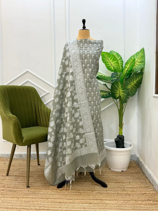 Olive Soft Linen Dupion Banarasi Suit With Jaal Dupatta 1000SKL_LN11