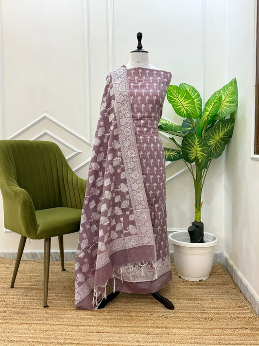 Light Purple Soft Linen Dupion Banarasi Suit With Jaal Dupatta 1000SKL_LN12