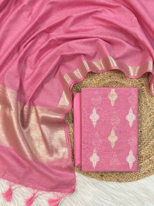 Pink Linen Dupion Booti With Contrast Dye Dupatta Banarasi 3 Pcs Suit Set 1100SKL_LN20