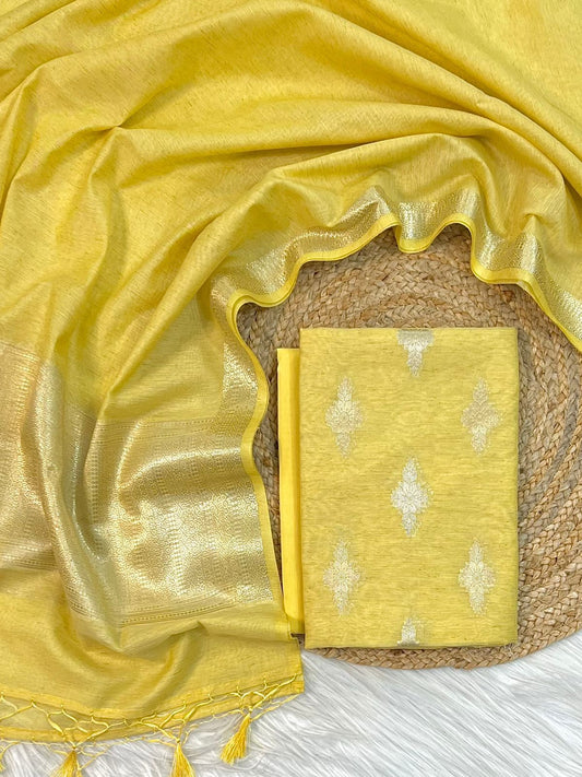 Yellow Linen Dupion Booti With Contrast Dye Dupatta Banarasi 3 Pcs Suit Set 1100SKL_LN21