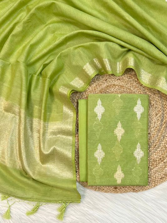 Green Linen Dupion Booti With Contrast Dye Dupatta Banarasi 3 Pcs Suit Set 1100SKL_LN22