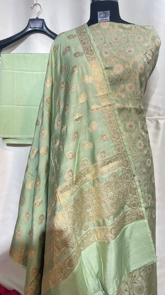 Green Mulberry Chiniya Silk With Floral Booti Dupatta Banarasi 3 Pcs Suit Set 1100SKL_MLC2