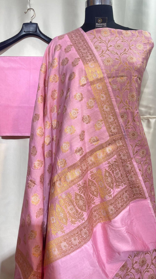 Pink Mulberry Chiniya Silk With Floral Booti Dupatta Banarasi 3 Pcs Suit Set 1100SKL_MLC3