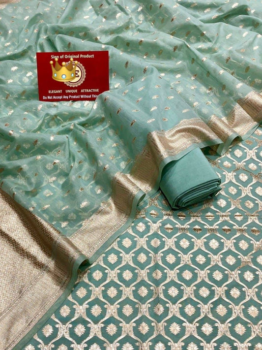 Sea Green Mescrize Cotton Floral Jaal Banarasi 3 Pcs Suit Set 1200SKL_MS10