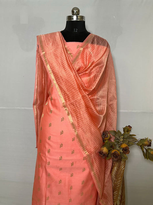 Peach Mercerize Silk Chunri Booti With Tissue Silk Dupatta Banarasi 3 Pcs Suit Set 850SKL_MS12