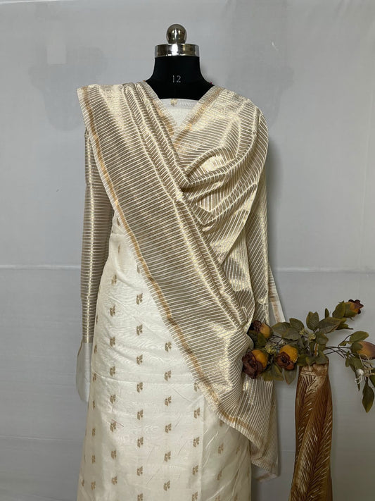 Off White Mercerize Silk Chunri Booti With Tissue Silk Dupatta Banarasi 3 Pcs Suit Set 850SKL_MS13