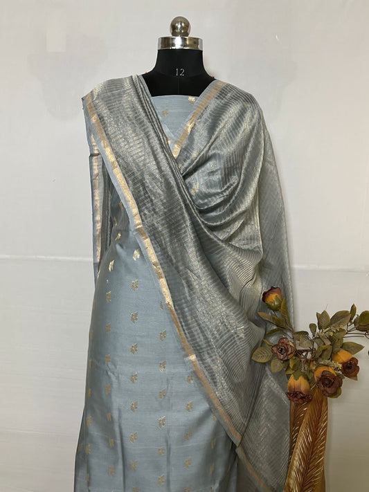 Grey Mercerize Silk Chunri Booti With Tissue Silk Dupatta Banarasi 3 Pcs Suit Set 850SKL_MS14