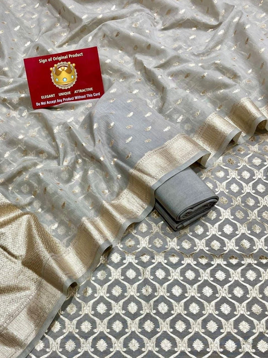 Grey Mescrize Cotton Floral Jaal Banarasi 3 Pcs Suit Set 1200SKL_MS8