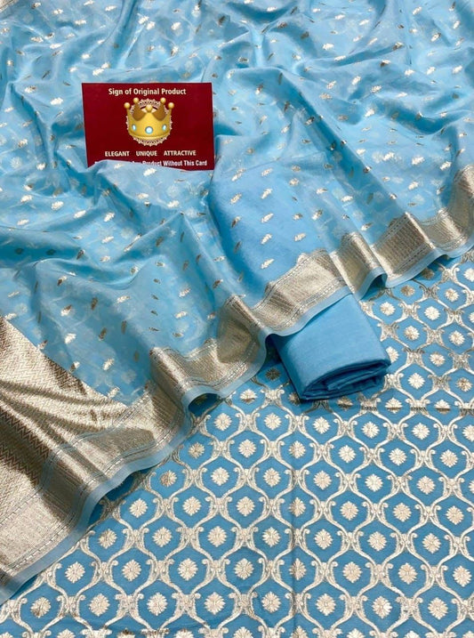 Light Blue Mescrize Cotton Floral Jaal Banarasi 3 Pcs Suit Set 1200SKL_MS9