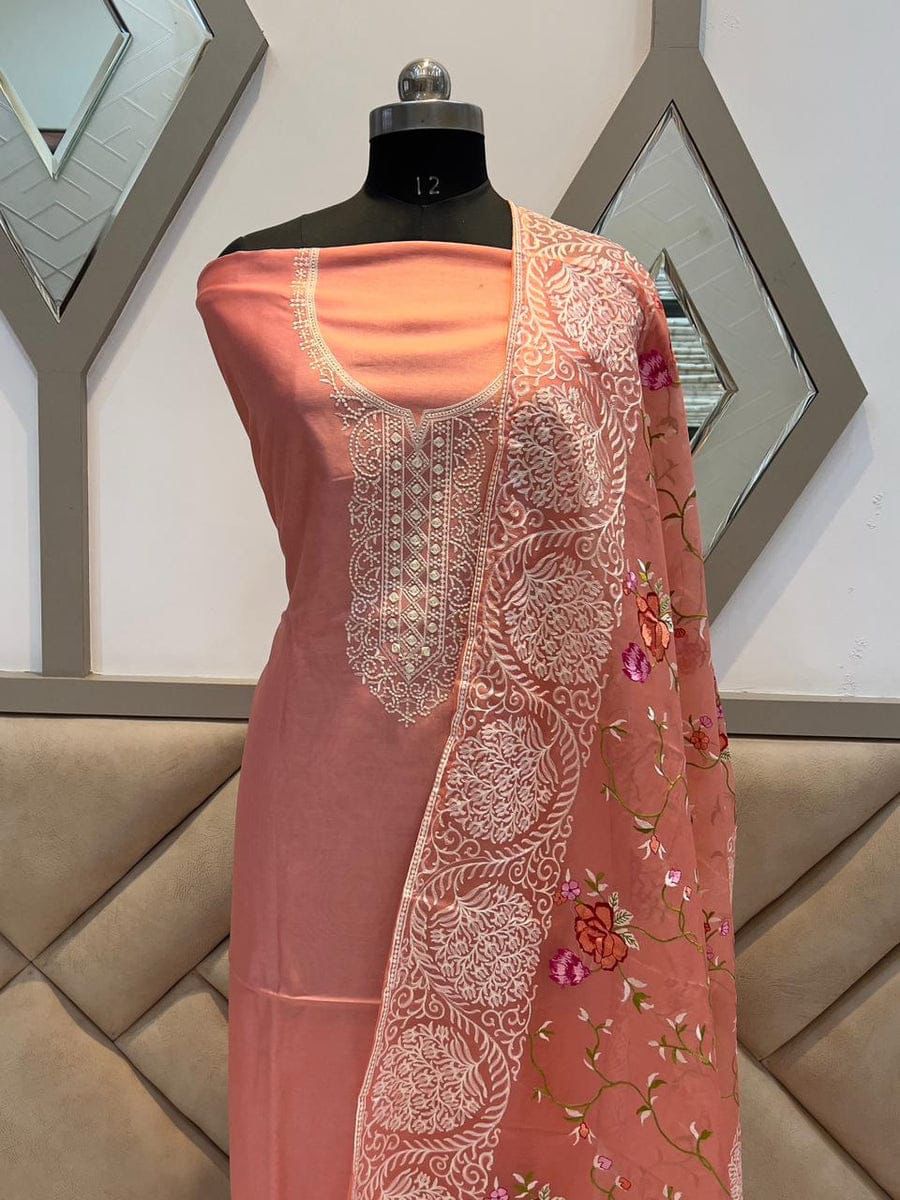 Peach Cotton Embroidery Necklace Banarasi Suit 1350SKL_NC3