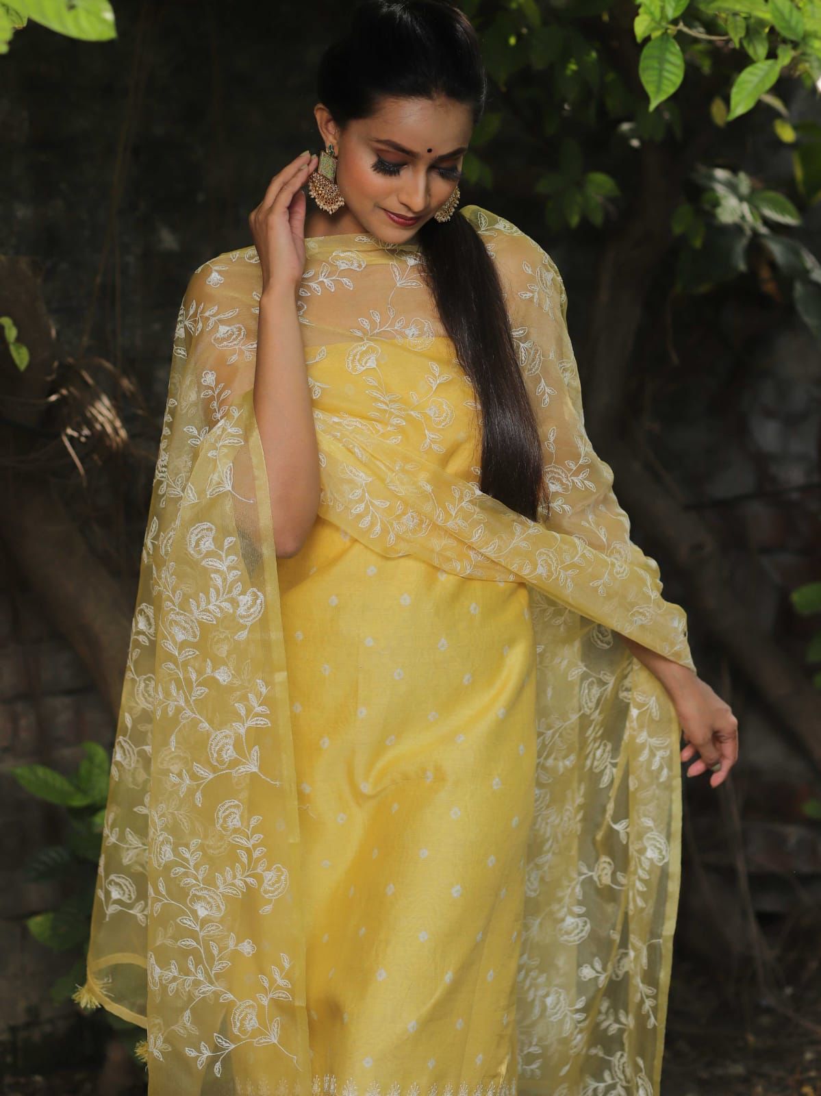 Yellow Organza Silk Embroidery Banarasi 3 Pcs Suit Set 1200Skl_OG1