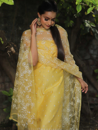Yellow Organza Silk Embroidery Banarasi 3 Pcs Suit Set 1200Skl_OG1