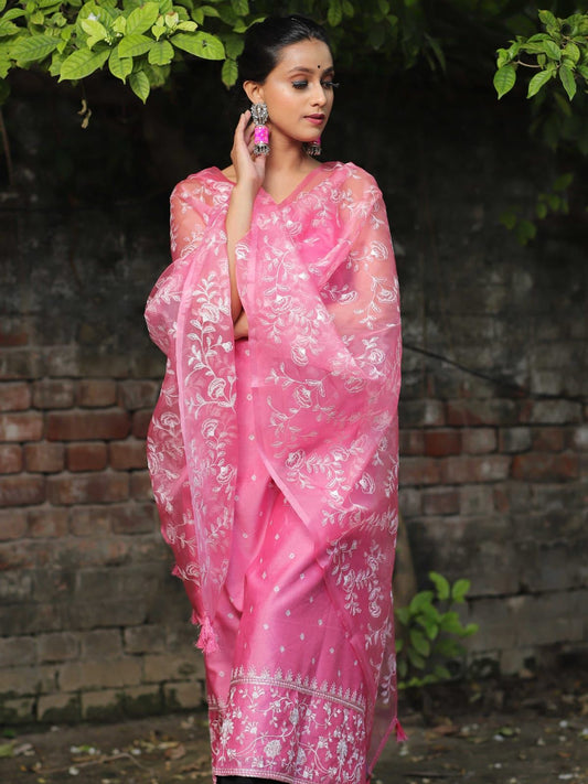 Pink Organza Silk Embroidery Banarasi 3 Pcs Suit Set 1200Skl_OG2