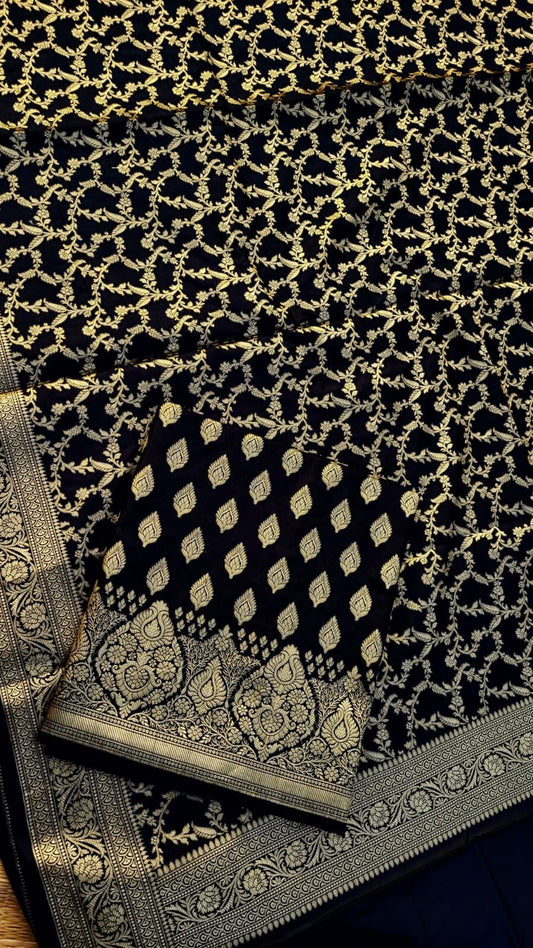 Black Katan Silk Floral Zari Booti Banarasi With Floral Jaal Dupatta Suit Set 1000SKL_PK2
