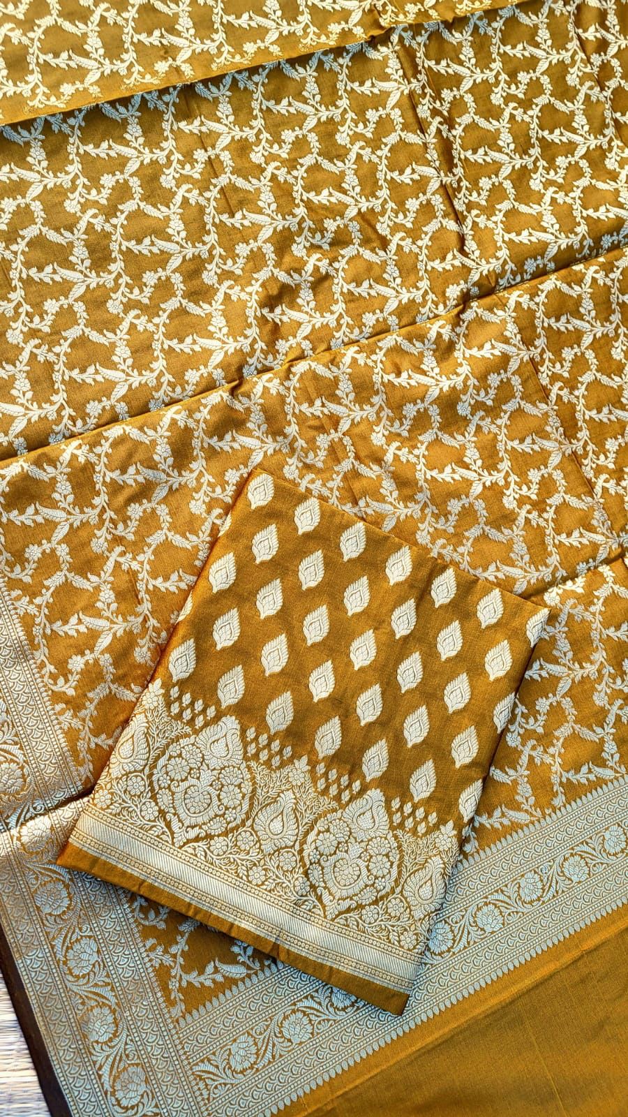 Mustard Gold Katan Silk Floral Zari Booti Banarasi With Floral Jaal Dupatta Suit Set 1000SKL_PK8