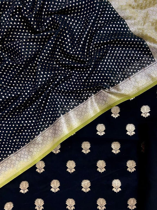 Pure Mercerized Lorex Weave Zari Booti With Contrast Green Border Chunri Dupatta Banarasi Suit 1250SKL_PM13