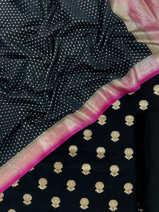 Pure Mercerized Lorex Weave Zari Booti With Contrast Magenta Border Chunri Dupatta Banarasi Suit 1250SKL_PM14