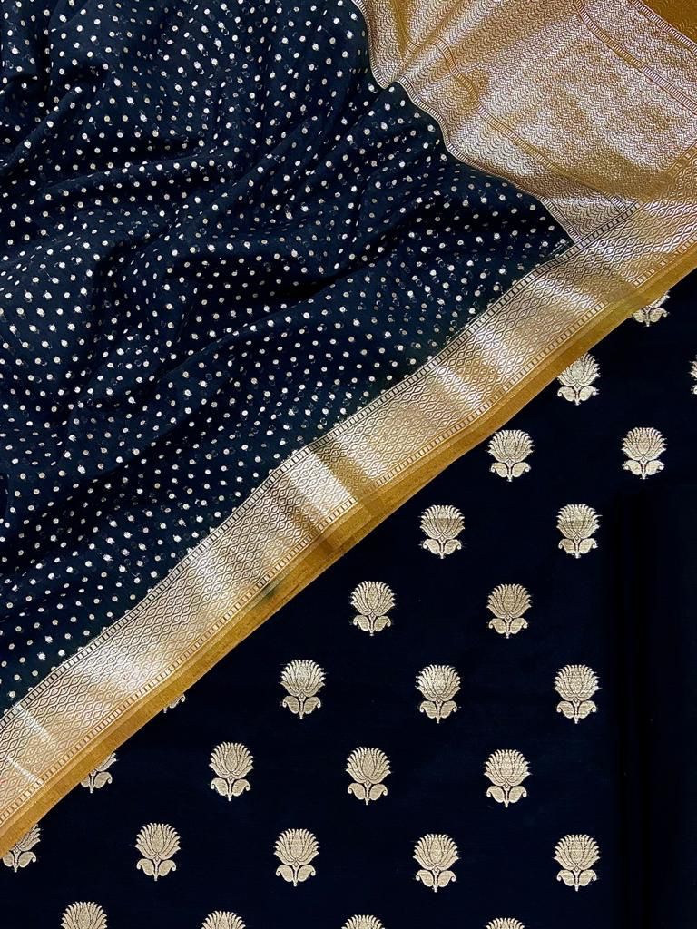 Pure Mercerized Lorex Weave Zari Booti With Contrast Mustard Yellow Border Chunri Dupatta Banarasi Suit 1250SKL_PM15