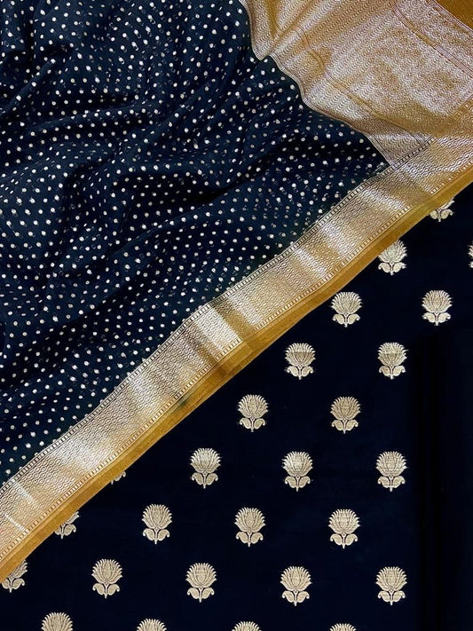 Pure Mercerized Lorex Weave Zari Booti With Contrast Mustard Yellow Border Chunri Dupatta Banarasi Suit 1250SKL_PM15