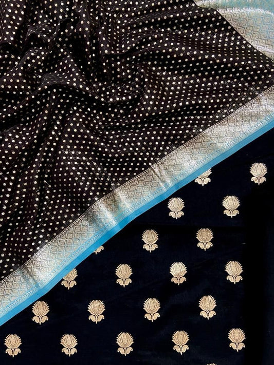 Pure Mercerized Lorex Weave Zari Booti With Contrast Blue Border Chunri Dupatta Banarasi Suit 1250SKL_PM16