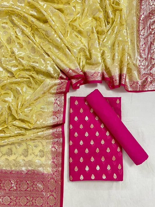 Pink Mercerised Lorex Weave With Contrast Dupatta Banarasi 3 Pcs Suit Set 1200SKL_PM18