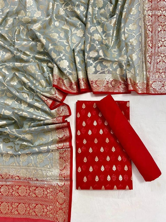Red Mercerised Lorex Weave With Contrast Dupatta Banarasi 3 Pcs Suit Set 1200SKL_PM19