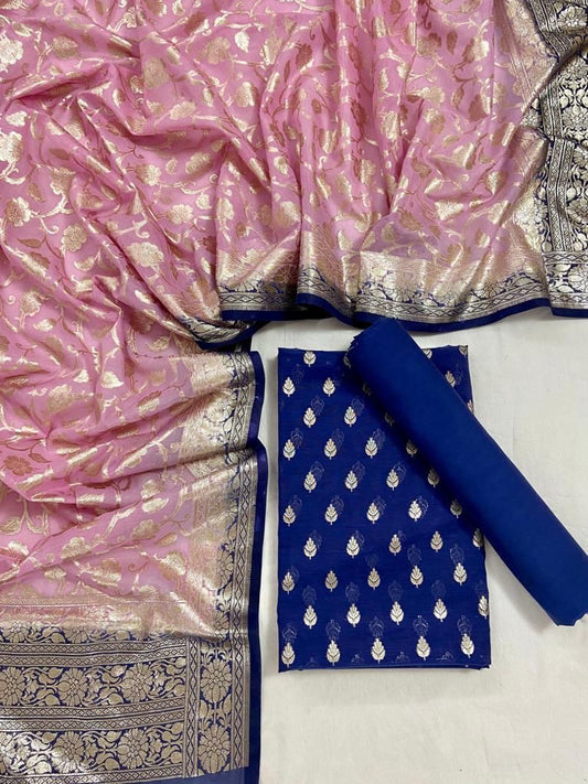 Blue Mercerised Lorex Weave With Contrast Dupatta Banarasi 3 Pcs Suit Set 1200SKL_PM20