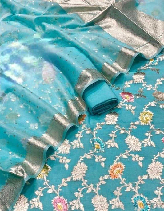 Pure Mercerised Sky Blue Floral Minakari Handbrush Jaal With Chunri Booti Dupatta 1300SKL_PMH2