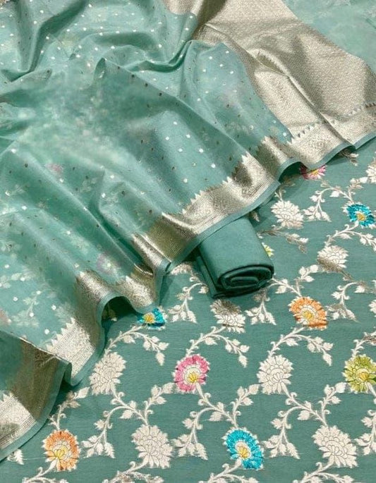 Pure Mercerised Seagreen Floral Minakari Handbrush Jaal With Chunri Booti Dupatta 1300SKL_PMH3
