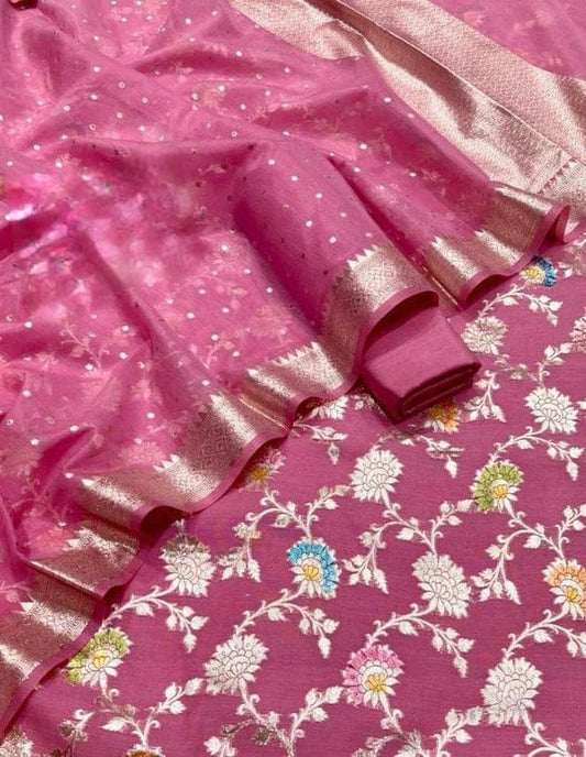 Pure Mercerised Pink Floral Minakari Handbrush Jaal With Chunri Booti Dupatta 1300SKL_PMH4