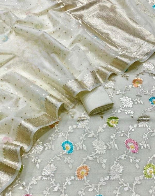 Pure Mercerised White Floral Minakari Handbrush Jaal With Chunri Booti Dupatta 1300SKL_PMH5