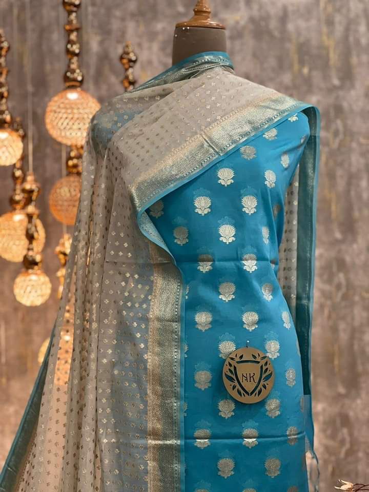Blue Mercerised Lorex Weave Booti With Off-White Dupatta Banarasi 3 Pcs Suit Set 1200SKL_PML1