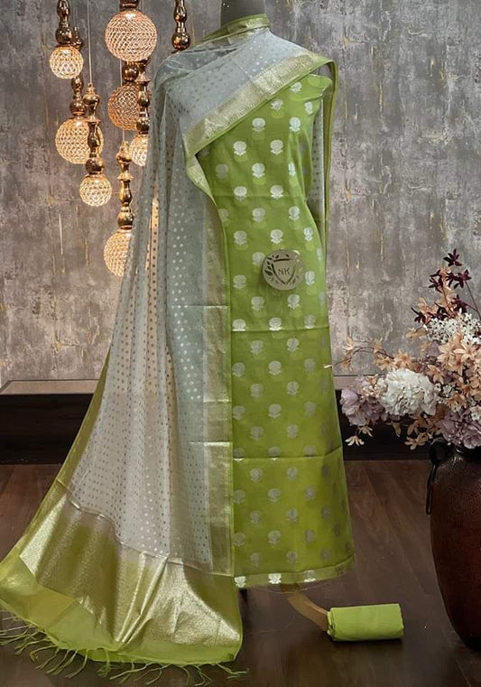 Green Mercerised Lorex Weave Booti With Off-White Dupatta Banarasi 3 Pcs Suit Set 1200SKL_PML2