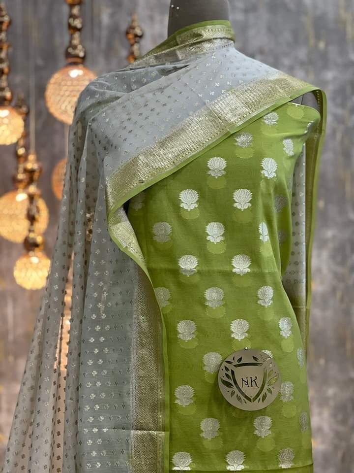 Green Mercerised Lorex Weave Booti With Off-White Dupatta Banarasi 3 Pcs Suit Set 1200SKL_PML2