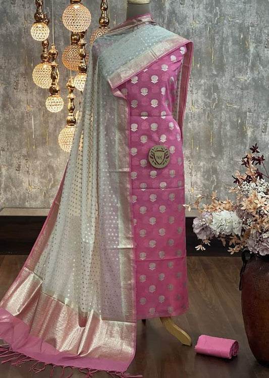Pink Mercerised Lorex Weave Booti With Off-White Dupatta Banarasi 3 Pcs Suit Set 1200SKL_PML3