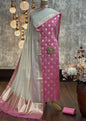 Pink Mercerised Lorex Weave Booti With Off-White Dupatta Banarasi 3 Pcs Suit Set 1200SKL_PML3