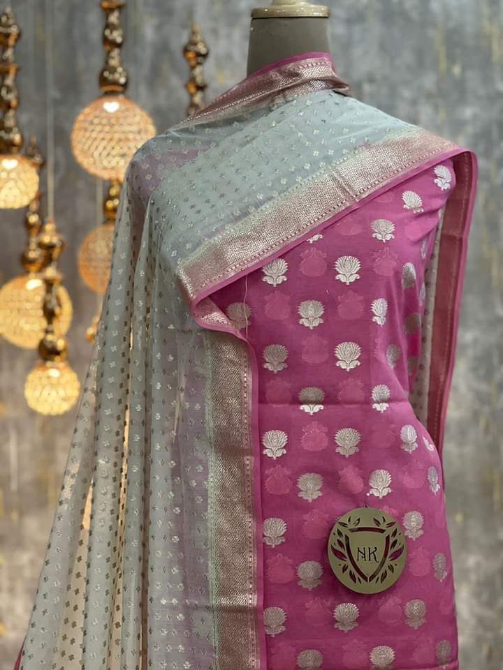 Pink Mercerised Lorex Weave Booti With Off-White Dupatta Banarasi 3 Pcs Suit Set 1200SKL_PML3