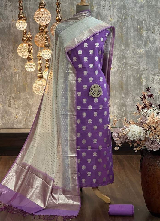 Purple Mercerised Lorex Weave Booti With Off-White Dupatta Banarasi 3 Pcs Suit Set 1200SKL_PML4