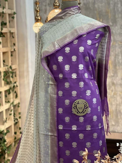Purple Mercerised Lorex Weave Booti With Off-White Dupatta Banarasi 3 Pcs Suit Set 1200SKL_PML4