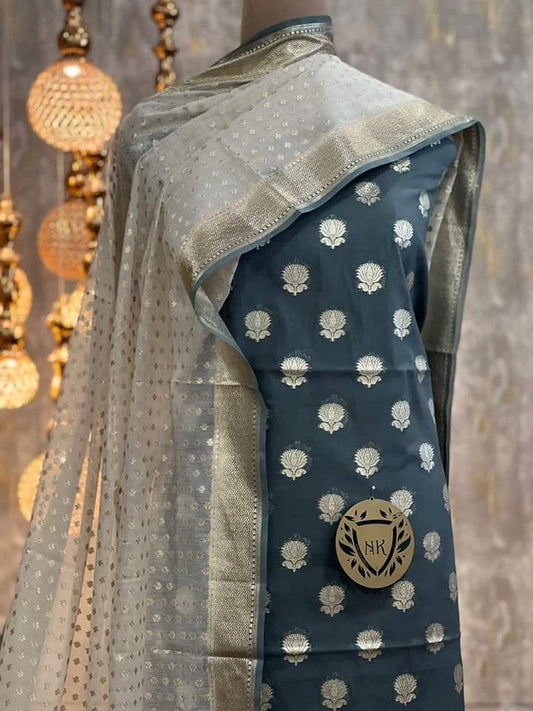 Grey Mercerised Lorex Weave Booti With Off-White Dupatta Banarasi 3 Pcs Suit Set 1200SKL_PML5