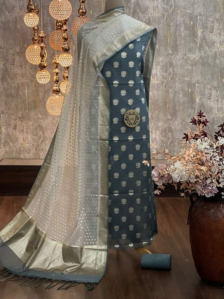 Grey Mercerised Lorex Weave Booti With Off-White Dupatta Banarasi 3 Pcs Suit Set 1200SKL_PML5