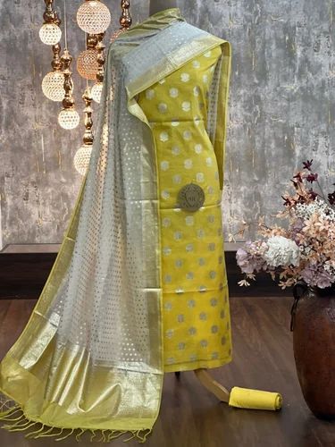 Yellow Mercerised Lorex Weave Booti With Off-White Dupatta Banarasi 3 Pcs Suit Set 1200SKL_PML6