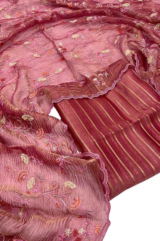 Pink Tissue Silk Stripe Zari With Crush Embroidery Dupatta Banarasi Suit Set 1300SKL_TE10