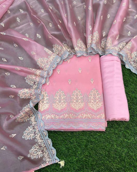 Pink Tissue Silk Embroidery Resham Booti Banarasi 3 Pcs Suit Set 1300SKL_TE12