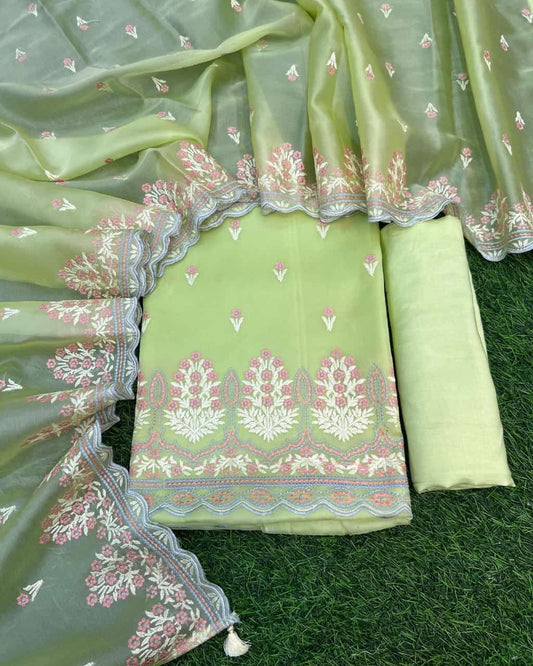 Green Tissue Silk Embroidery Resham Booti Banarasi 3 Pcs Suit Set 1300SKL_TE13