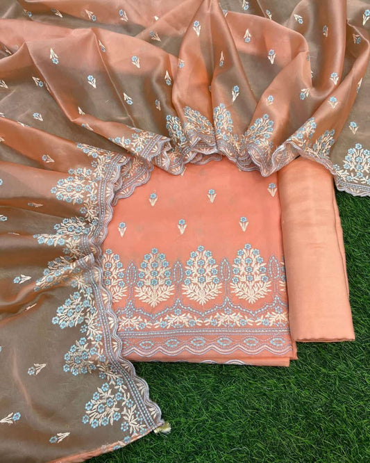 Peach Tissue Silk Embroidery Resham Booti Banarasi 3 Pcs Suit Set 1300SKL_TE14