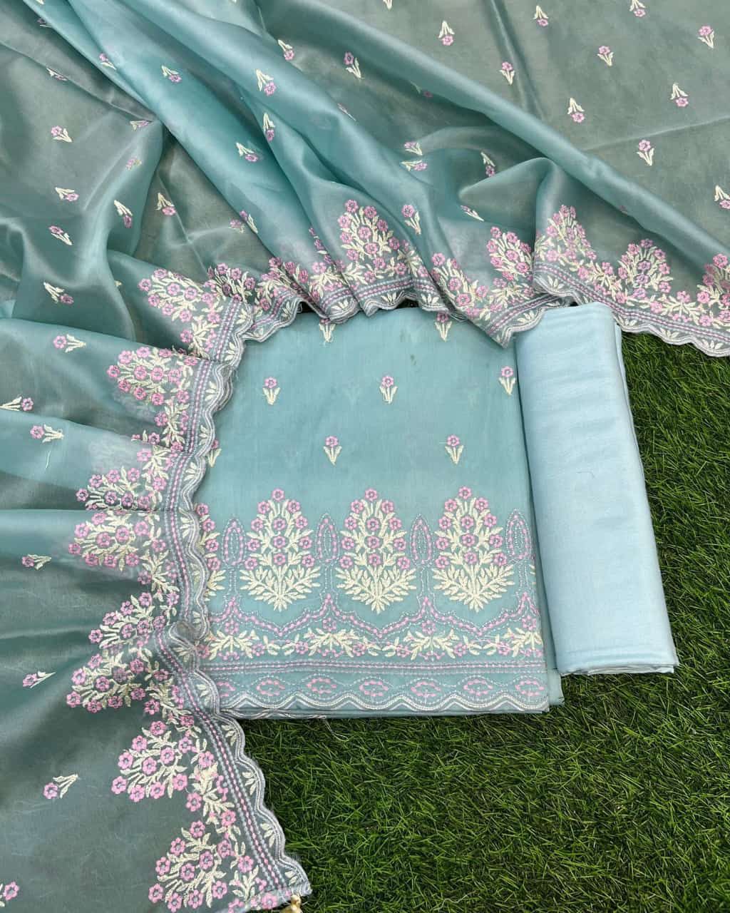 Light Blue Tissue Silk Embroidery Resham Booti Banarasi 3 Pcs Suit Set 1300SKL_TE15