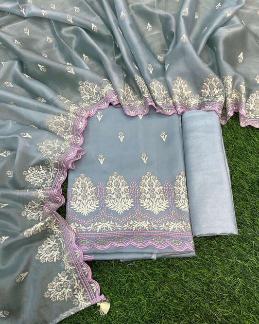 Grey Tissue Silk Embroidery Resham Booti Banarasi 3 Pcs Suit Set 1300SKL_TE16