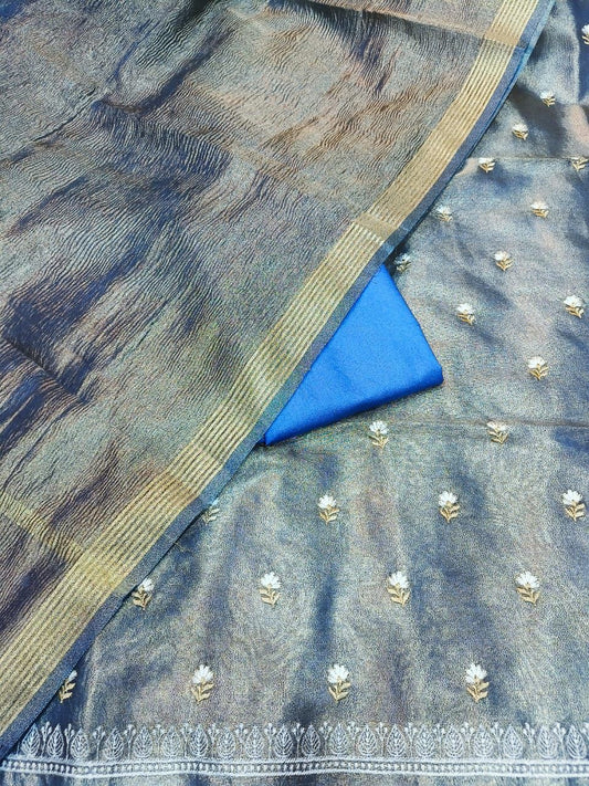 Blue Tissue Silk Embroidery Zari Booti With Tissue Crush Dupatta Banarasi 3 Pcs Suit Set 1000SKL_TE2