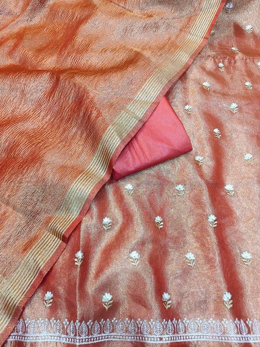 Peach Tissue Silk Embroidery Zari Booti With Tissue Crush Dupatta Banarasi 3 Pcs Suit Set 1000SKL_TE3